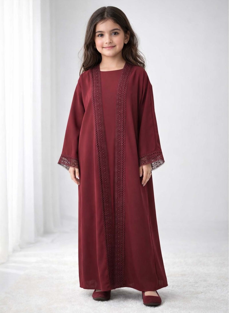 MSquare Fashion Burgundy Kids Abaya Set-Nida Fabric with Inner Dress & Headscarf - Image 1